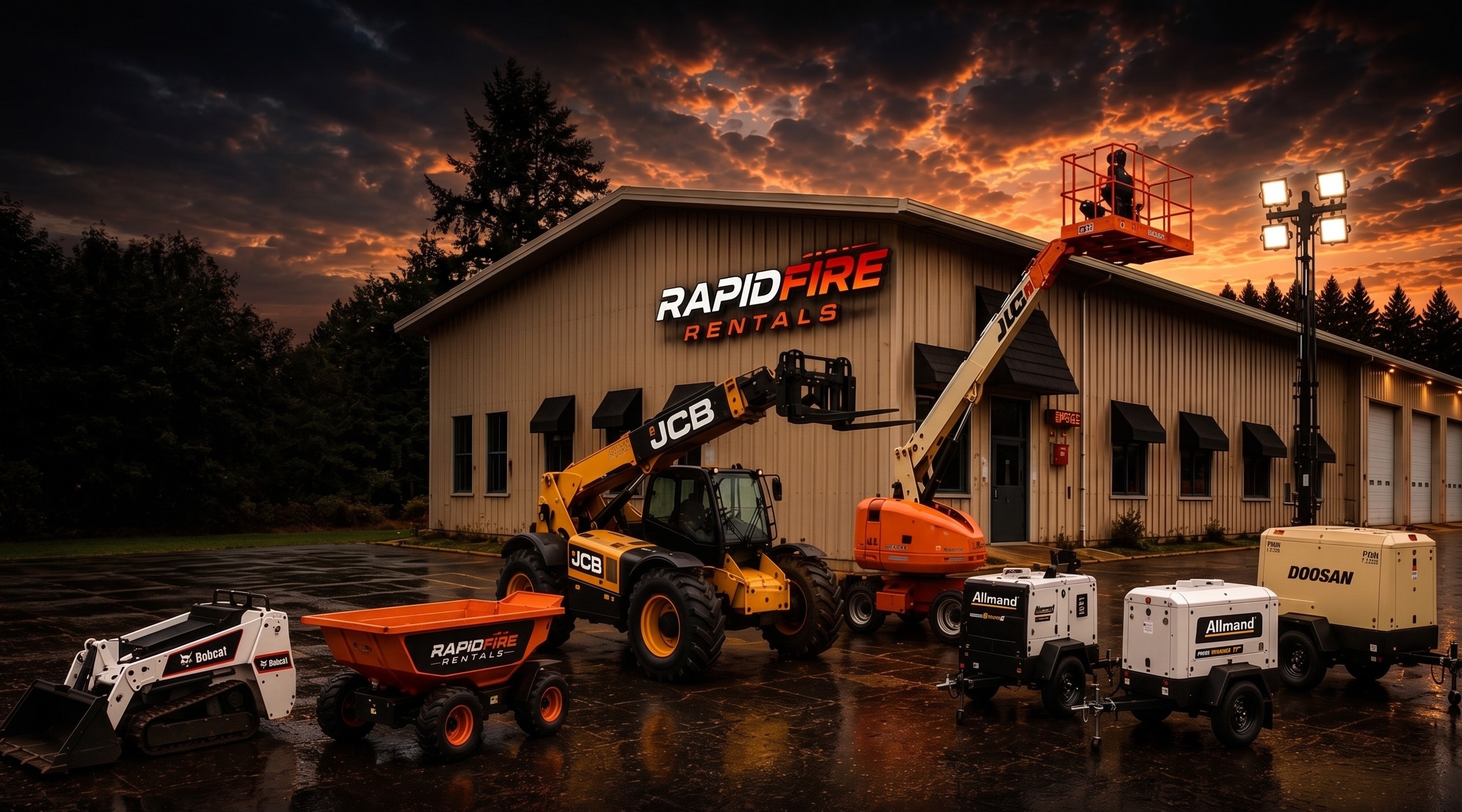 RapidFire Rentals heavy equipment fleet including a skid steer, telehandler, manlift, light towers, generator and air compressor
